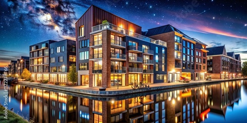 Night Photography of Contemporary Luxury Apartment Facade in Noorderhaven, Showcasing Dutch Design Elements and Architectural Details in a Modern Urban Setting photo