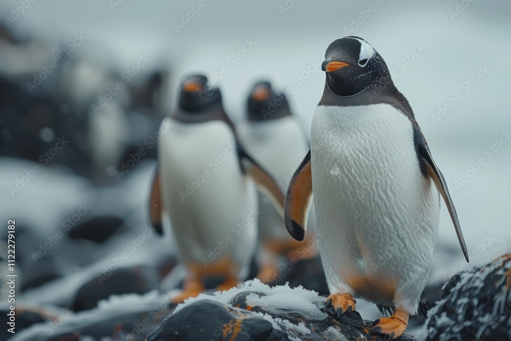 Fototapeta premium Gentle Penguins Waddling on Rocky Shoreline Towards Ocean