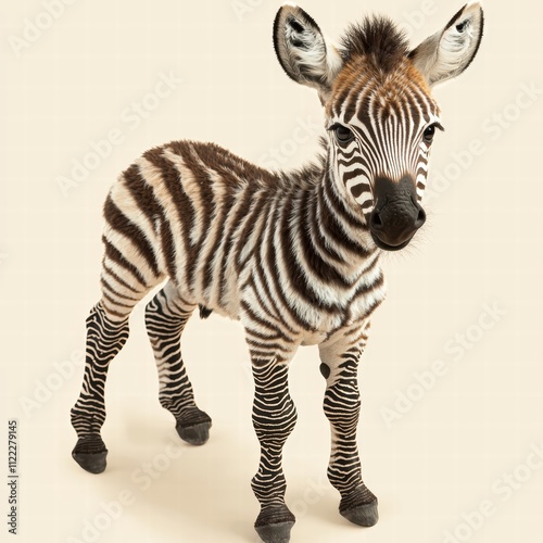Adorable Young Zebra Standing with Bright Stripes on Neutral Background
