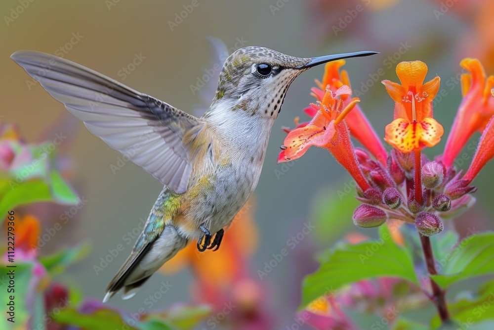 Obraz premium Hummingbird Feeding on Vibrant Red Flower