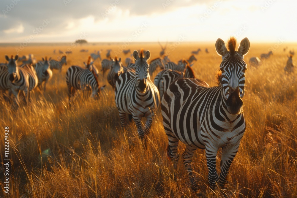 Obraz premium Peaceful Zebras Grazing in the Savanna at Sunset