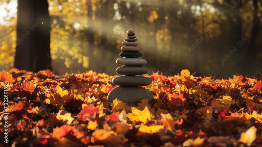 Obraz premium A tranquil scene of stacked stones surrounded by vibrant autumn leaves, capturing the essence of peace and nature's beauty in warm, soft light.