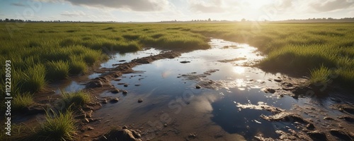 Puddle in the middle of a field on a sunny day, landscape, fields, earth photo