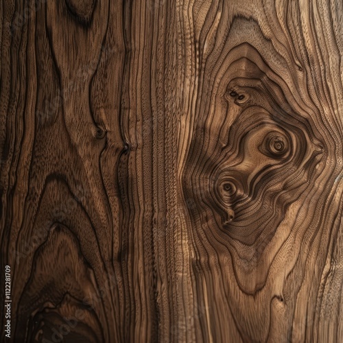 Close-up of a Rich Brown Wood Grain with Intricate Patterns photo