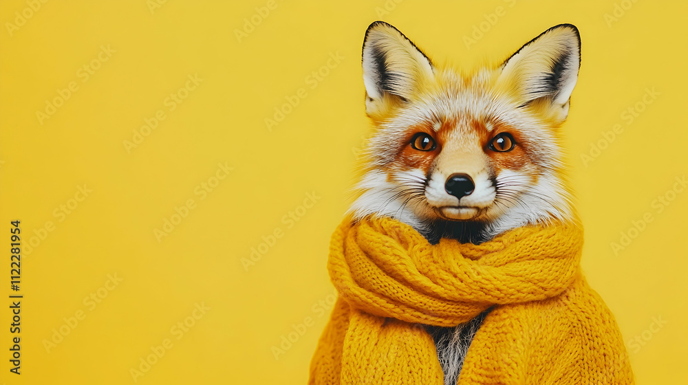 Obraz premium Playful fox wearing a yellow scarf against a bright yellow background, standing on the side of the image, looking forward at the camera, portrait --ar 16:9