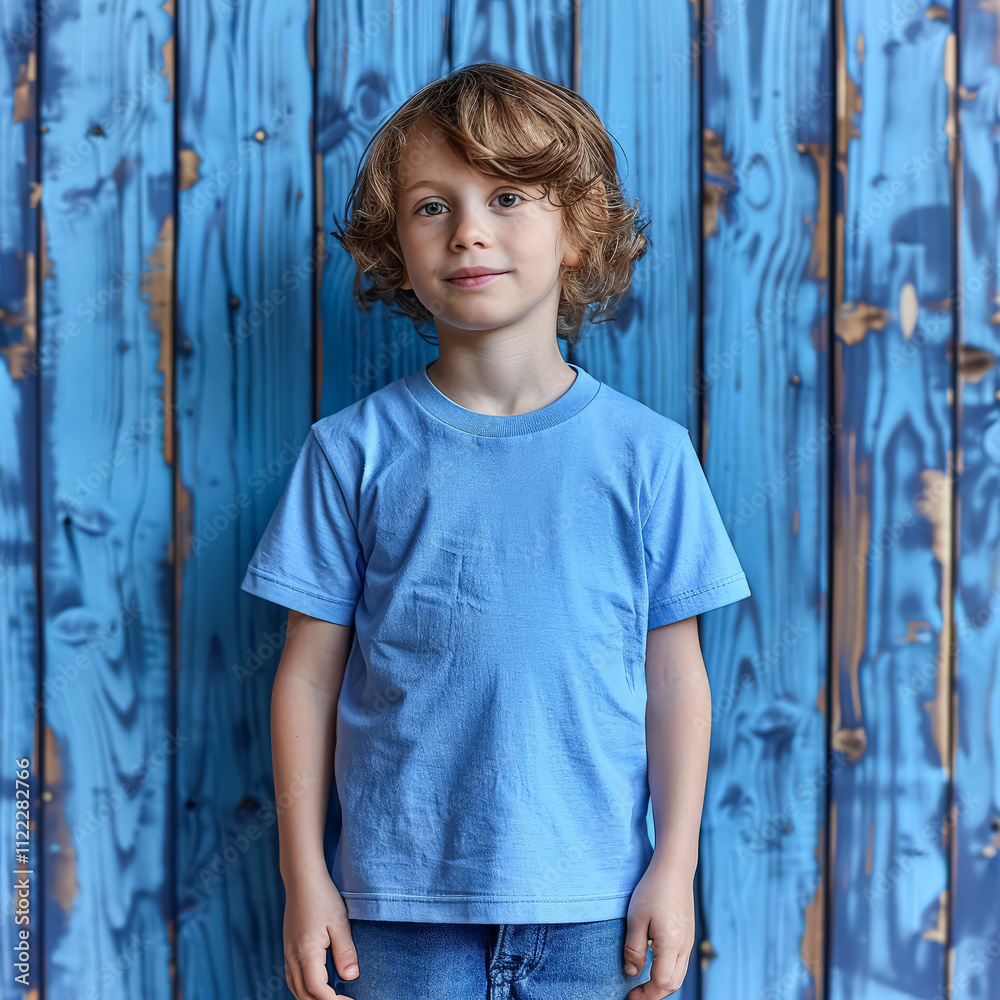 Fototapeta premium Young boy wearing a blue shirt stands in front of a blue wall