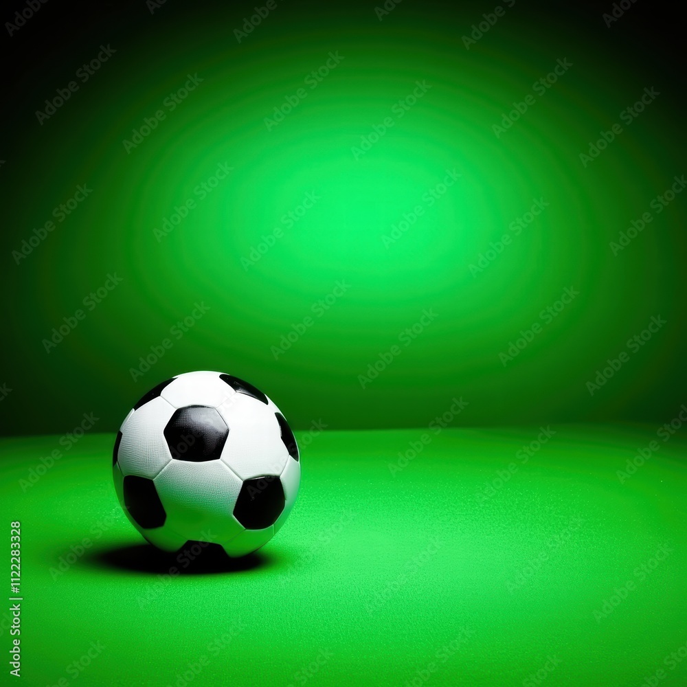 Naklejka premium Black and White Soccer Ball on Green Background with Soft Lighting