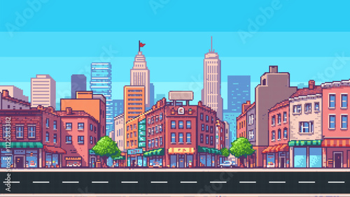 pixel art game level vector background, 8 bit cityscape, day light city arcade video game, pixelated city with skyscrapers, downtown landscape	