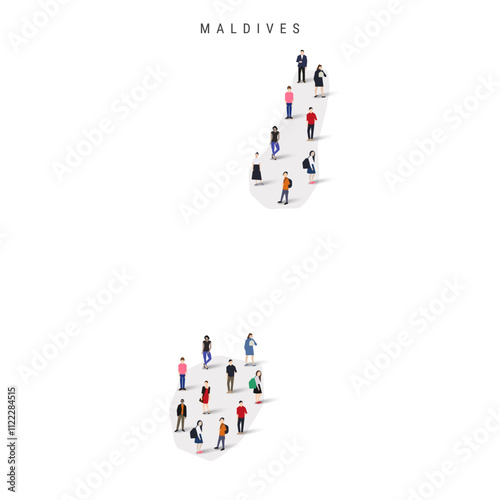 Maldives population map. Large group of realistic a diverse crowd of people figures in a shape of Maldivian map. Flat vector illustration isolated on white.