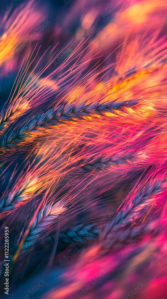 Fototapeta premium Vibrant sunset hues illuminate a field of wheat, creating a surreal and colorful scene.