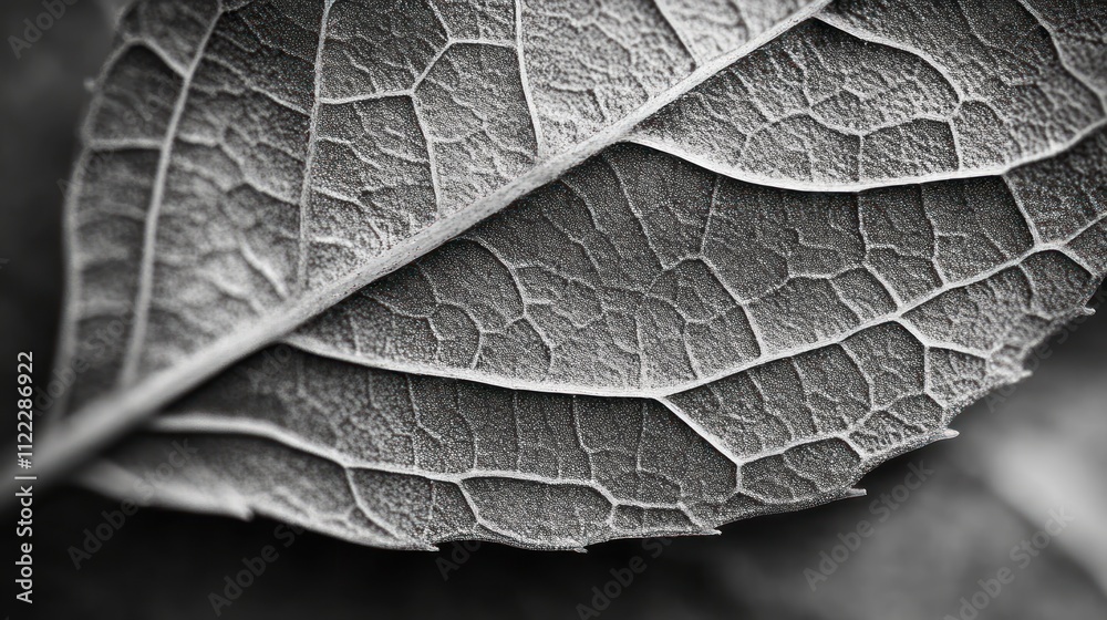 Obraz premium Monochrome Leaf Macro Photography: Intricate Vein Details in Black and White