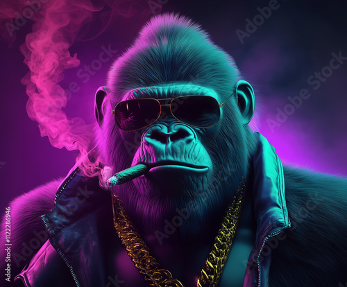 Stylish gorilla wearing sunglasses and gold chain smokes while surrounded by vibrant purple and blue lights photo