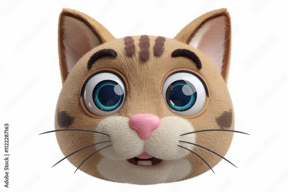 Fototapeta premium Adorable 3D cartoon cat face with big blue eyes and curious expression.