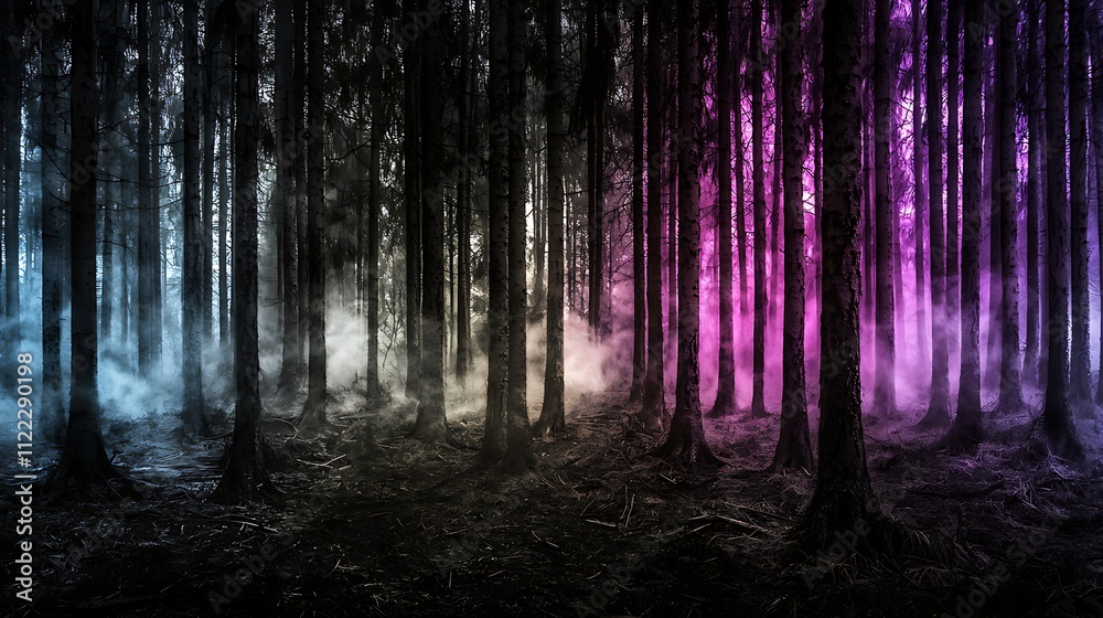 Fototapeta premium Eerie, colorful fog in a dark forest.