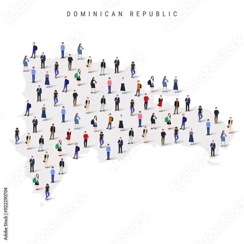 Dominican Republic population map. Large group of realistic a diverse crowd of people figures in a shape of Republica Dominicana map. Flat vector illustration isolated on white.