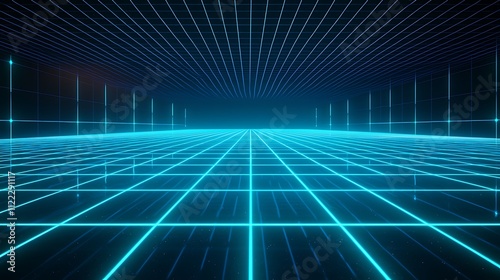 Abstract grid background with glowing cyan lines converging to vanishing point.