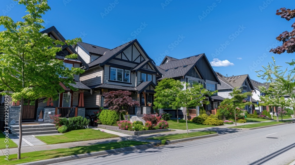 Row of Modern Suburban Homes with Lush Greenery and a Sunny Blue Sky Row of Modern Suburban Homes with Lush Greenery and a Sunny Blue Sky