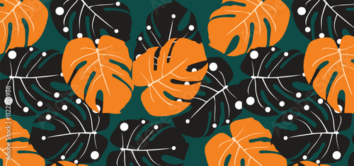exotic hand drawn monstera leaves,flower seamless pattern