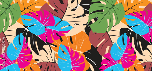 exotic hand drawn monstera leaves,flower seamless pattern