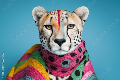 Stylized cheetah with colorful face paint and wrapped in a vibrant patterned scarf, set against a blue background, blending wild nature and modern art. photo