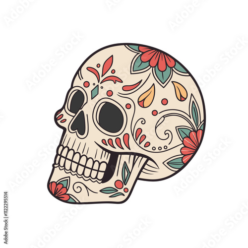 Sugar skull with floral pattern. Design for the holiday day of the dead. Outline illustration.