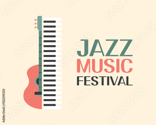 Jazz poster background template for music festival with guitar and piano keys. Event flyer design. Retro style illustration