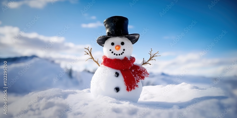 Fototapeta premium A cheerful snowman wearing a black hat and red scarf, standing in a snowy landscape under a bright blue sky, evoking winter joy and holiday spirit.