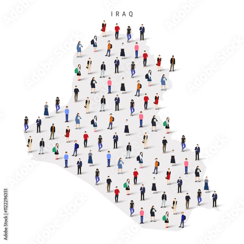 Iraq population map. Large group of realistic a diverse crowd of people figures in a shape of Iraqi map. Flat vector illustration isolated on white.