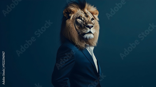 Regal lion wearing a navy blue suit jacket against a vibrant navy background, perfect for corporate branding, business campaigns, or leadership-themed concepts photo