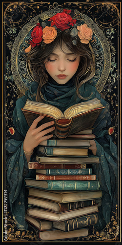 A woman reading a book with a pile of books, Art Nouveau style, phone wallpaper - Generative AI
