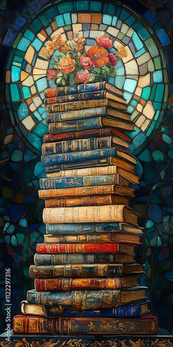 A pile of books, Art Nouveau style, phone wallpaper - Generative AI