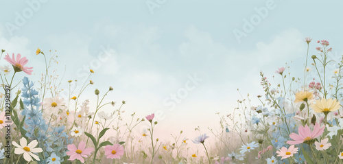 Generative ai. Dreamy wildflower meadow, soft pastel colors, delicate flowers, butterflies, hazy sky background, watercolor style, ethereal atmosphere, spring scene, gentle light, impressionistic