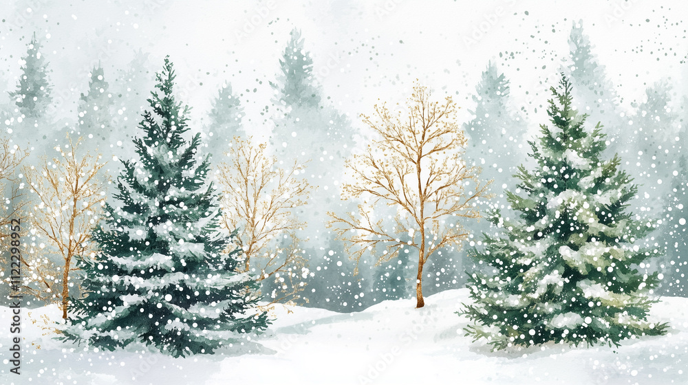 Fototapeta premium 雪が積もる木々の風景イラスト
