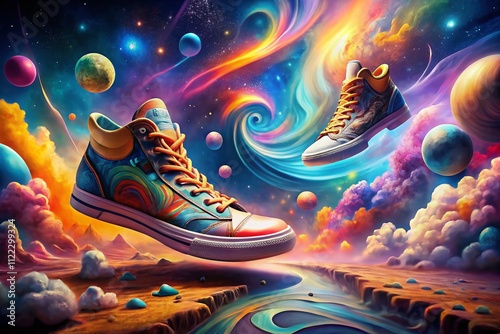 Surreal Sneakers V11: A Dreamscape of Floating Footwear in an Ethereal Landscape Blending Reality and Imagination with Vivid Colors and Abstract Forms photo