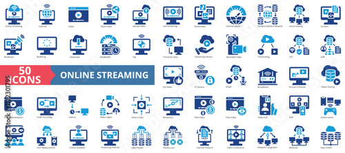 Online streaming icon collection set. Containing internet, video, multimedia, content, broadcast, bandwidth, hosting icon. Simple flat vector illustration.