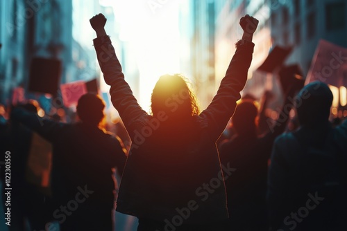 A generative AI image depicts unrecognizable protestors in the crowd.