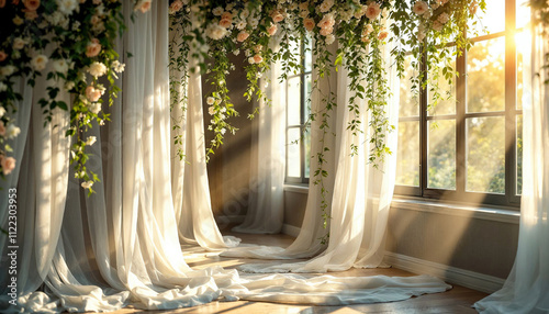 elegant wedding decoration backdrop interior space with delicate floral arrangements
