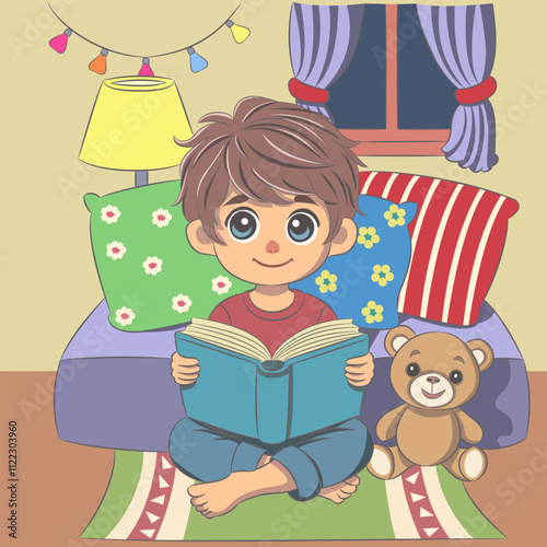 Illustration of a little boy reading in a cozy room