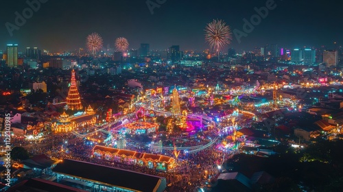 Wallpaper Mural 87.Panorama of Ho Chi Minh Cityâ€™s business district lit up by sparkling fireworks, with iconic skyscrapers in the background and vivid fireworks lighting up the sky, capturing the energy of Tet Torontodigital.ca