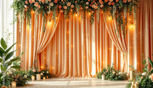 elegant wedding decoration backdrop interior space with delicate floral arrangements
