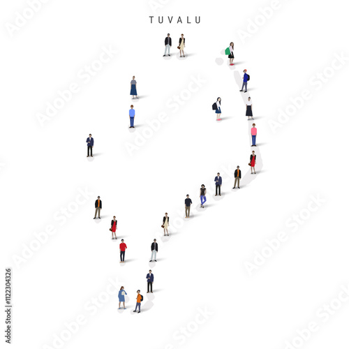 Tuvalu population map. Large group of realistic a diverse crowd of people figures in a shape of Ellice Islands map. Flat vector illustration isolated on white.