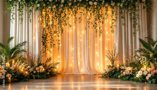 elegant wedding decoration backdrop interior space with delicate floral arrangements
