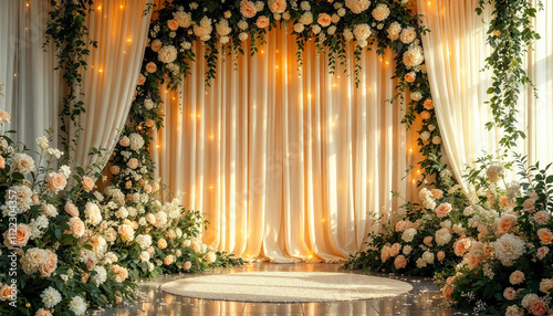 elegant wedding decoration backdrop interior space with delicate floral arrangements