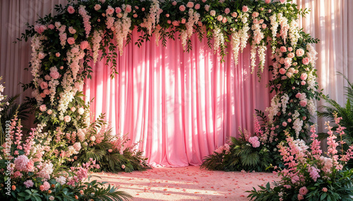 elegant wedding decoration backdrop interior space with delicate floral arrangements