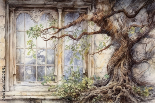 window and tree branches growing into the house,.  photo