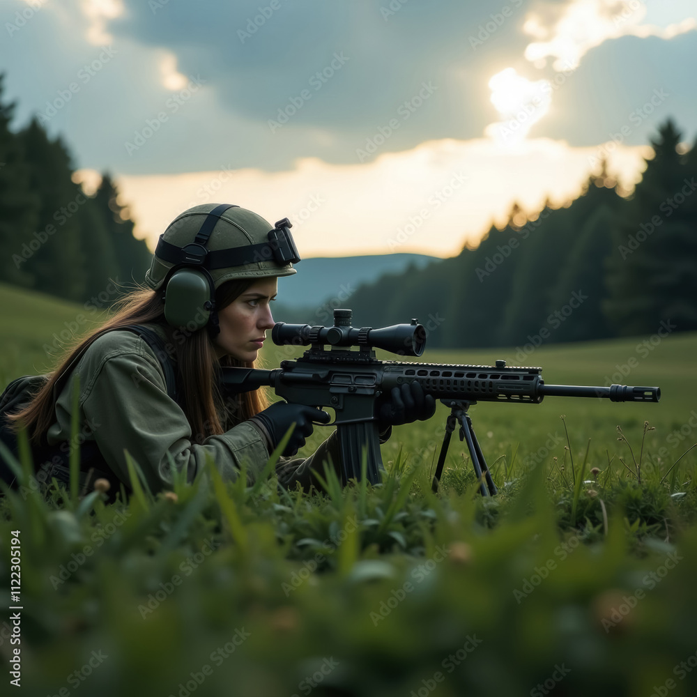 Fototapeta premium female sniper with sniper rifle lying on green grass