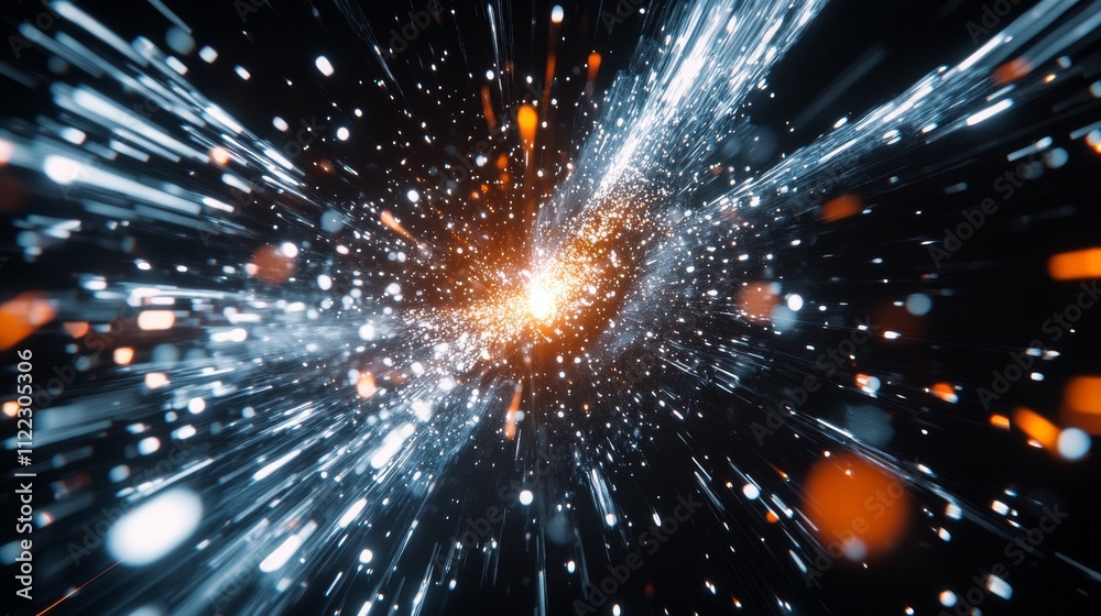 Fototapeta premium 77.Macro shot of a single sparkler in motion, emitting dazzling, sharp sparks that scatter in all directions, illuminating the dark background with a brilliant white and orange glow.