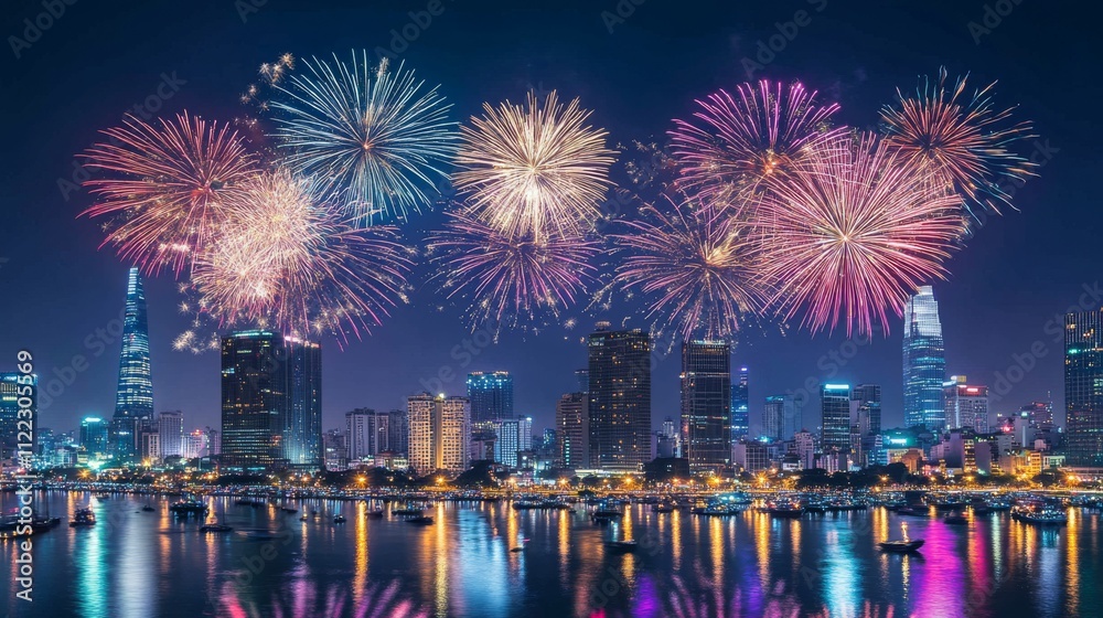 Obraz premium 86.Breathtaking view of Ho Chi Minh City skyline at night, fireworks illuminating the sky above the cityscape, with bright, colorful bursts reflecting over the Saigon River, celebrating New Yearâ€™s