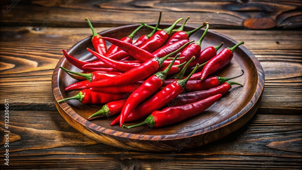 Vibrant Red Chilli Peppers on a Rustic Wooden Dish Resting on a Weathered Wooden Table: Perfect for Food Photography with Ample Copy Space for Text or Branding Vibrant Red Chilli Peppers on a Rustic Wooden Dish Resting on a Weathered Wooden Table: Perfect for Food Photography with Ample Copy Space for Text or Branding