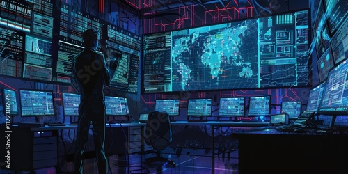 A Hacker in a Dark Room with Multiple Screens Displaying Code and a World Map photo